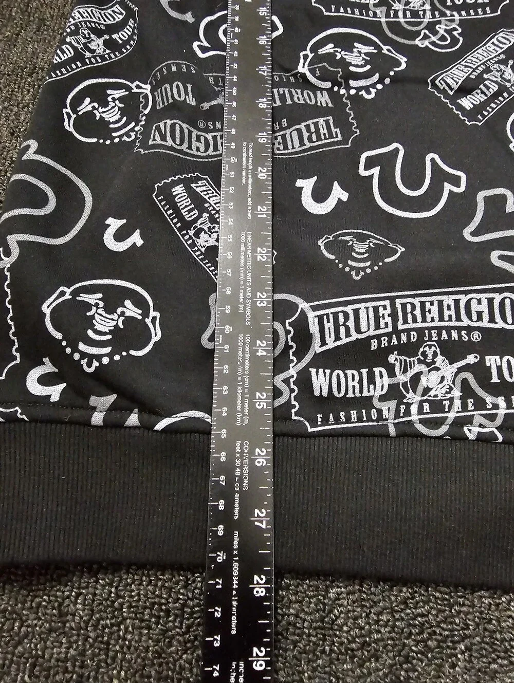 True Religion Men's L Buddha & World Tour Ticket Allover Print Hooded Pullover